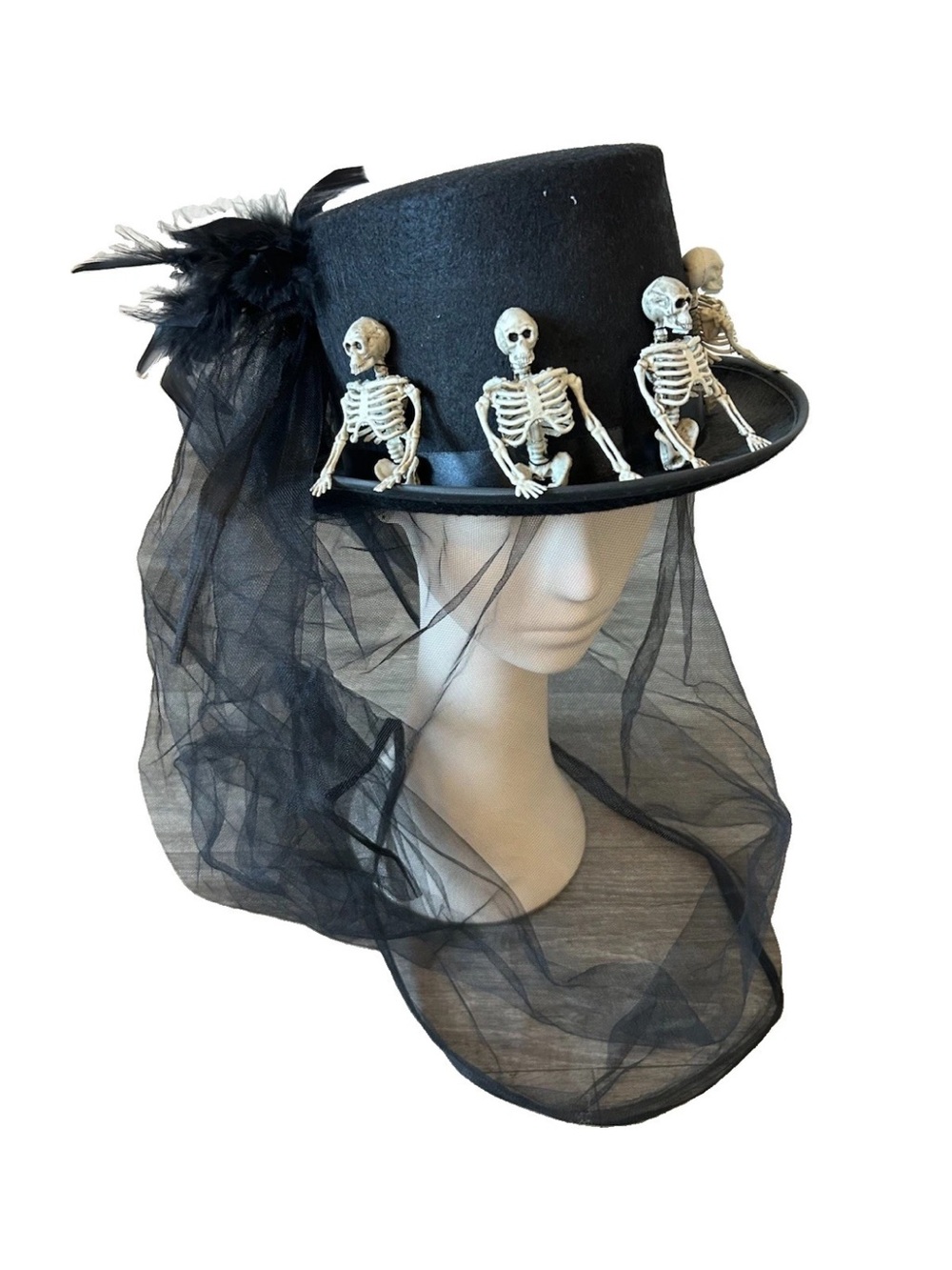 Vintage Handmade Skeleton Top Hat Black Veil Gothic Victorian Halloween Large
